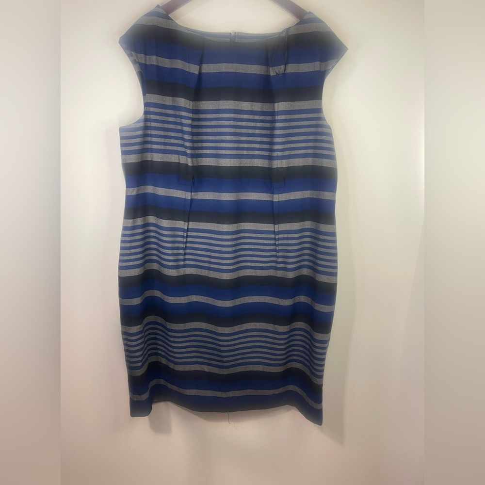 Calvin Klein Blue and Gray Striped Midi Sheath Dress